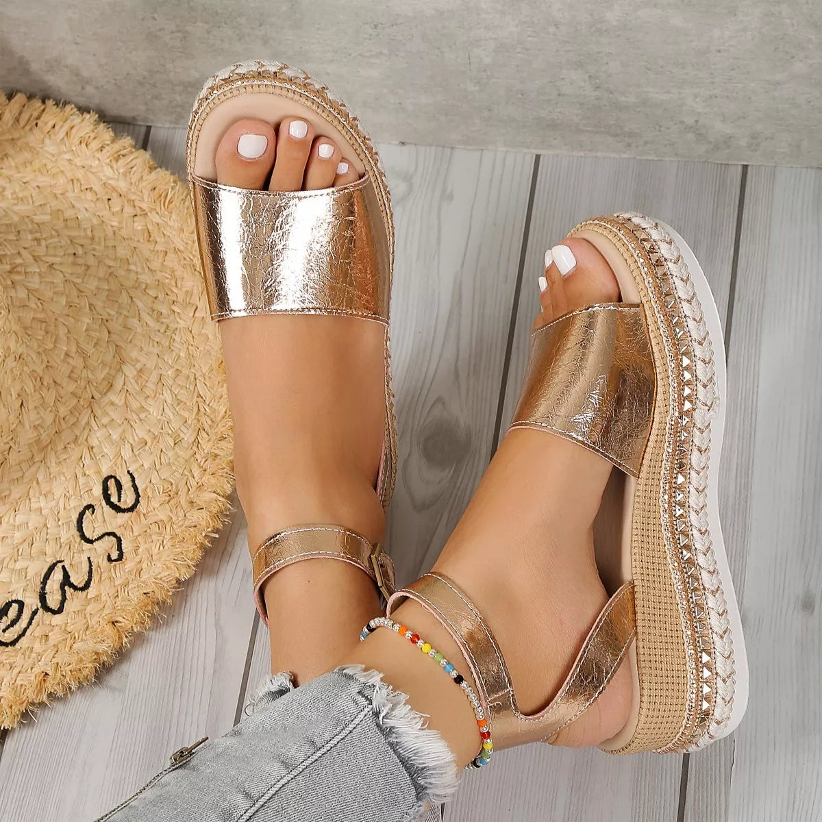 Open Toe Wedge Sandals in Gold - back view