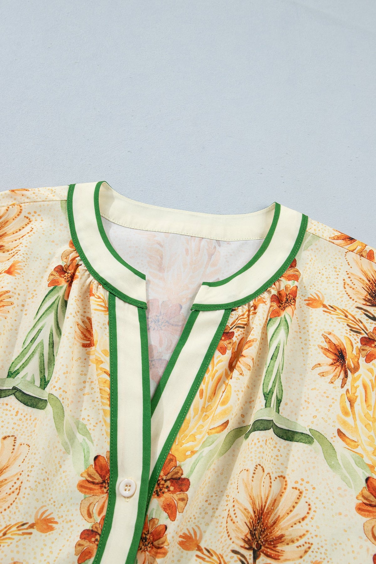 Floral Stripe Contrast V-Neck Blouse in yellow, close-up