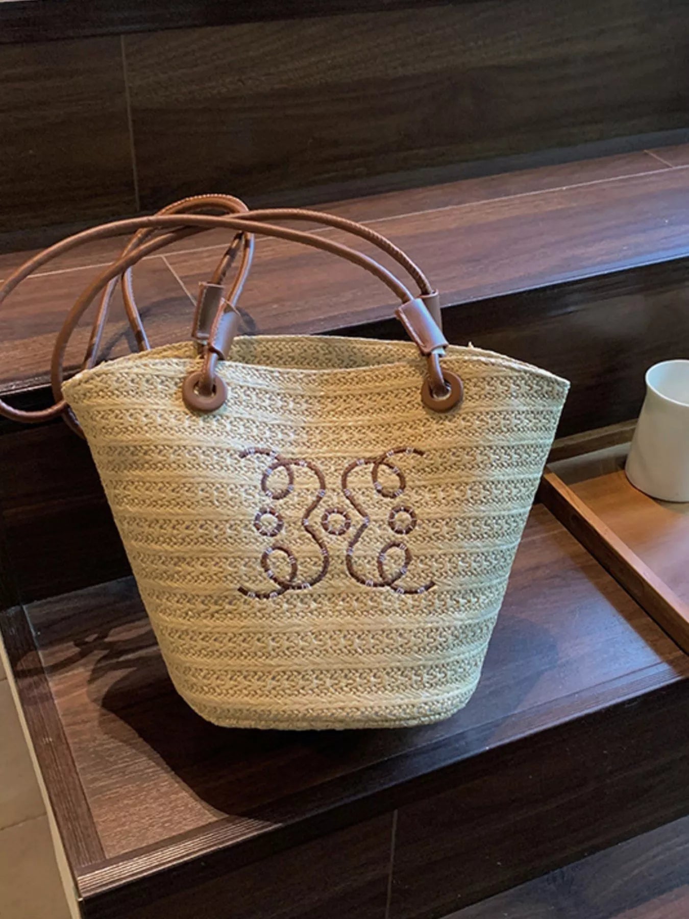 Straw Bucket Shoulder Bag - side view showing bucket shape