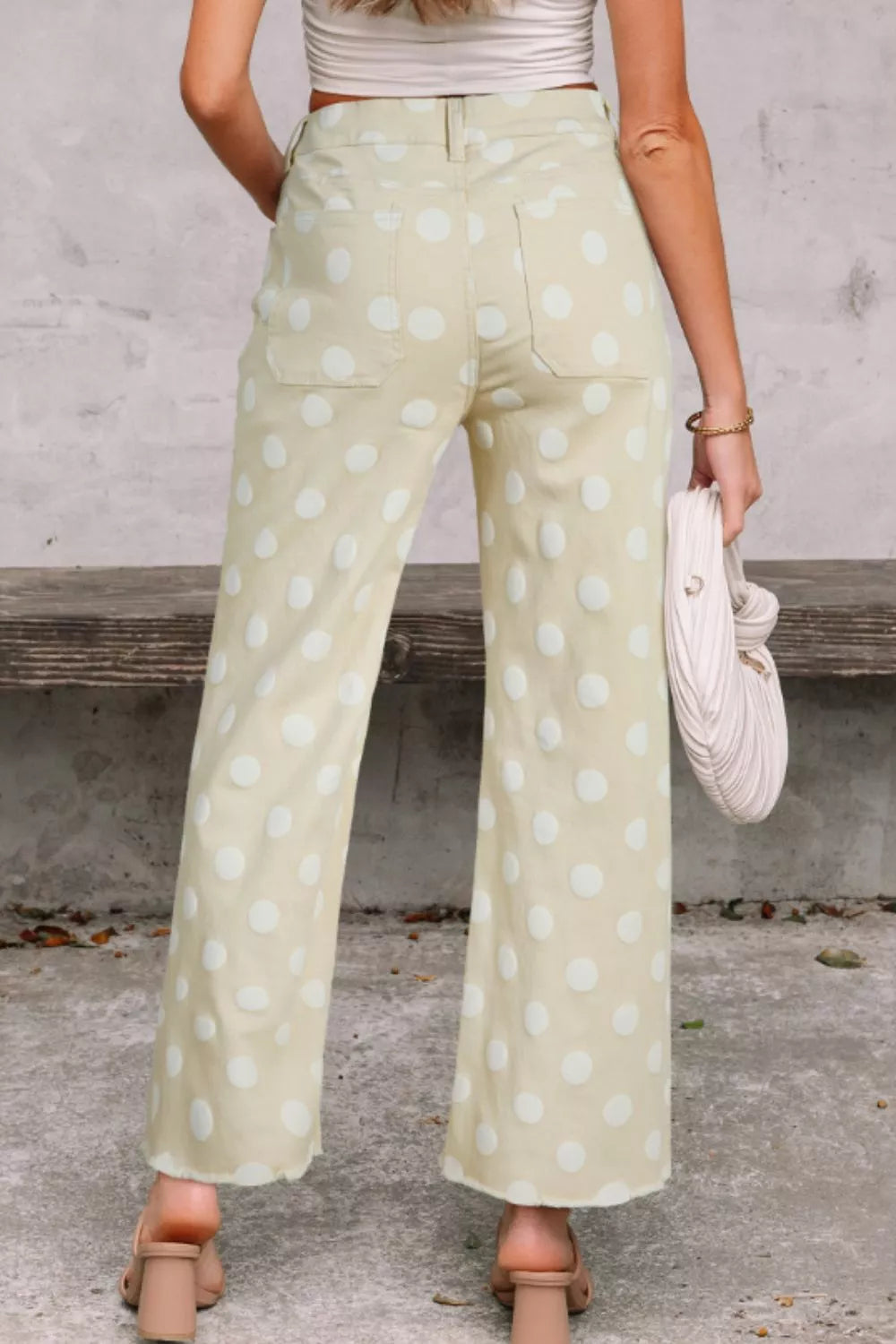 Polka Dot High-Waisted Wide Leg Jeans in Ivory - back view
