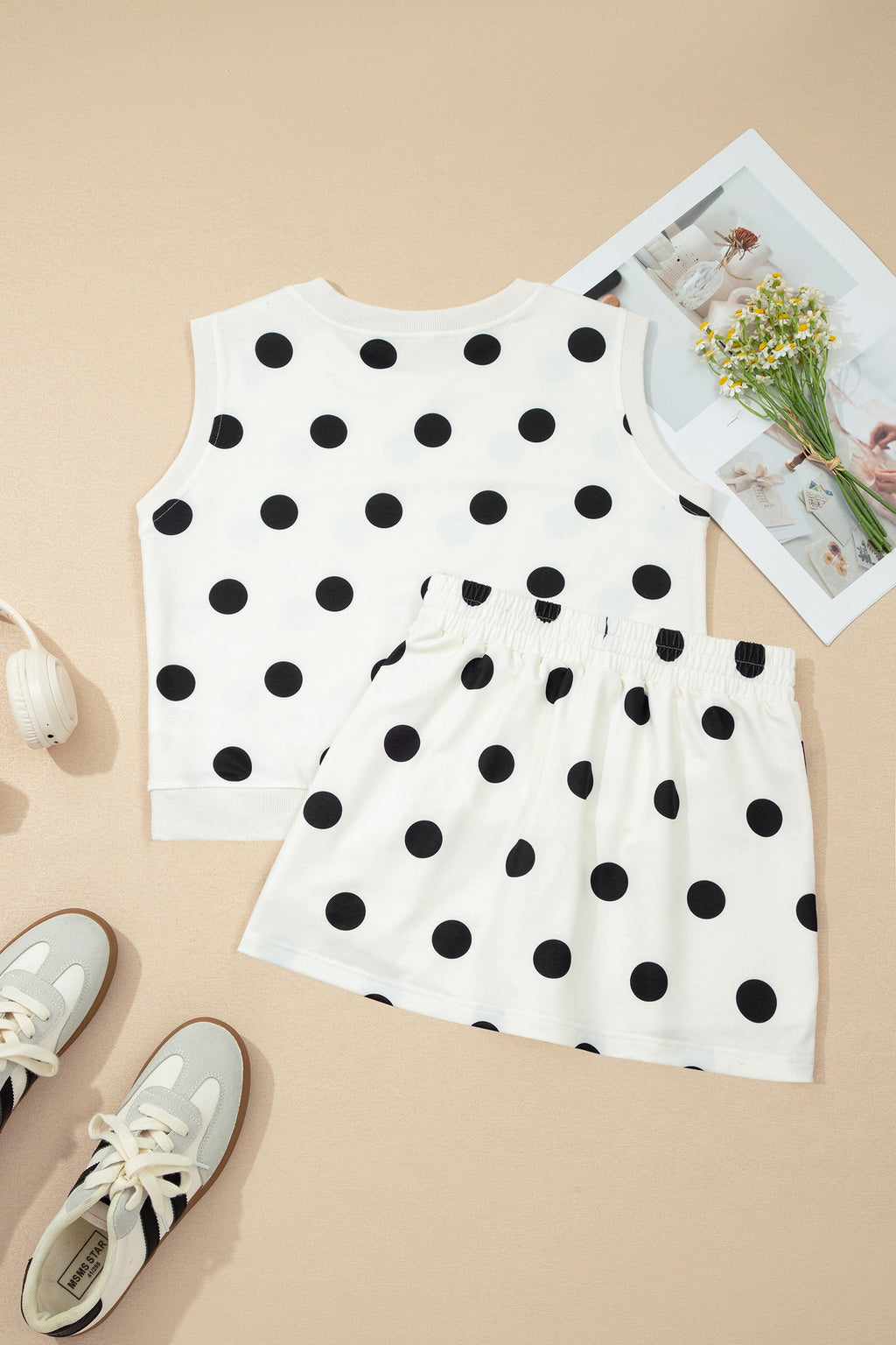Polka Dot Ribbed Trim Tank and Mini Skort Set in White with polka dot print, ribbed trim tank top, and split mini skort shown on model