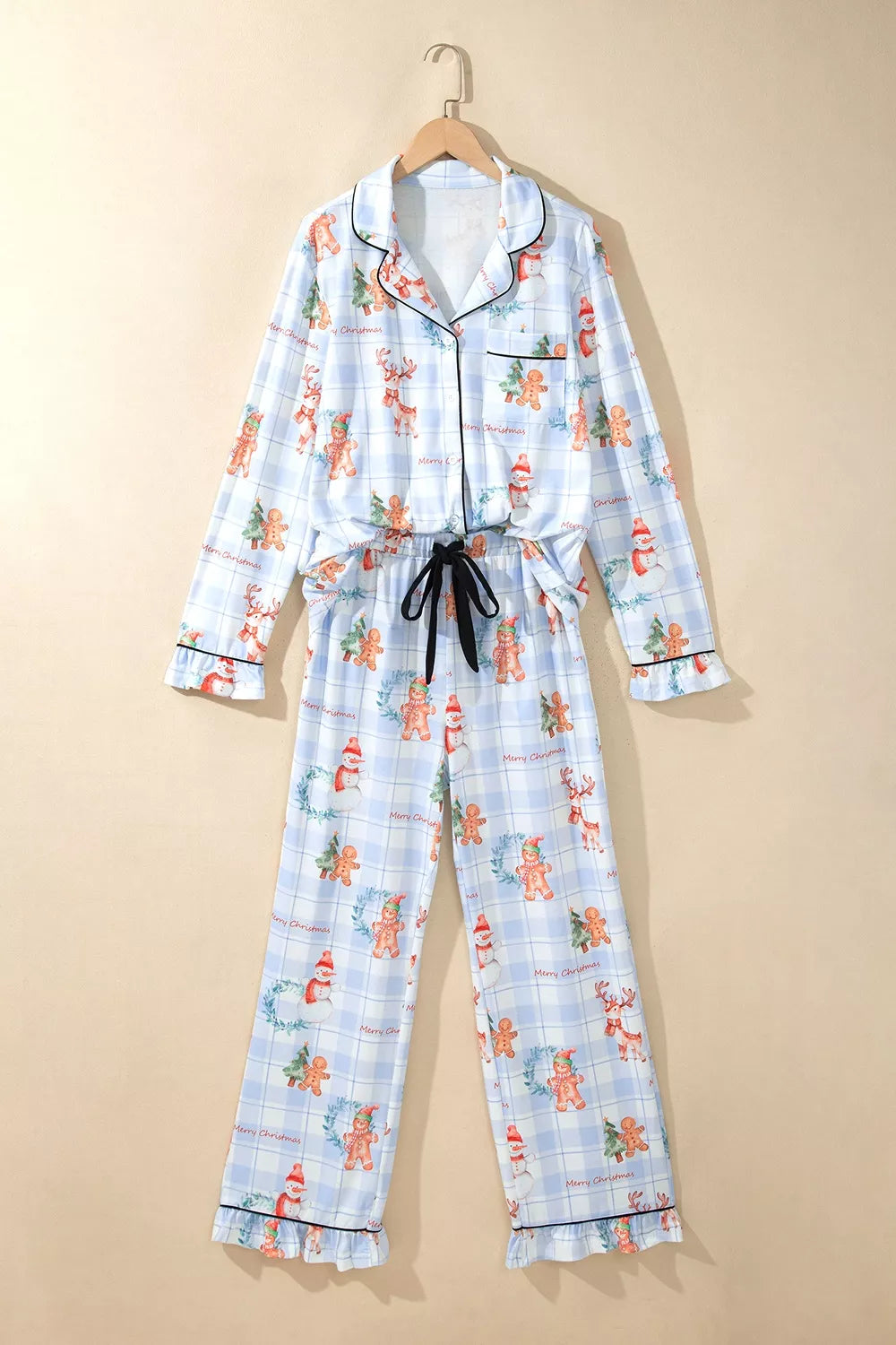 Light blue plaid Christmas pajama set with button-front shirt and pants - view 2