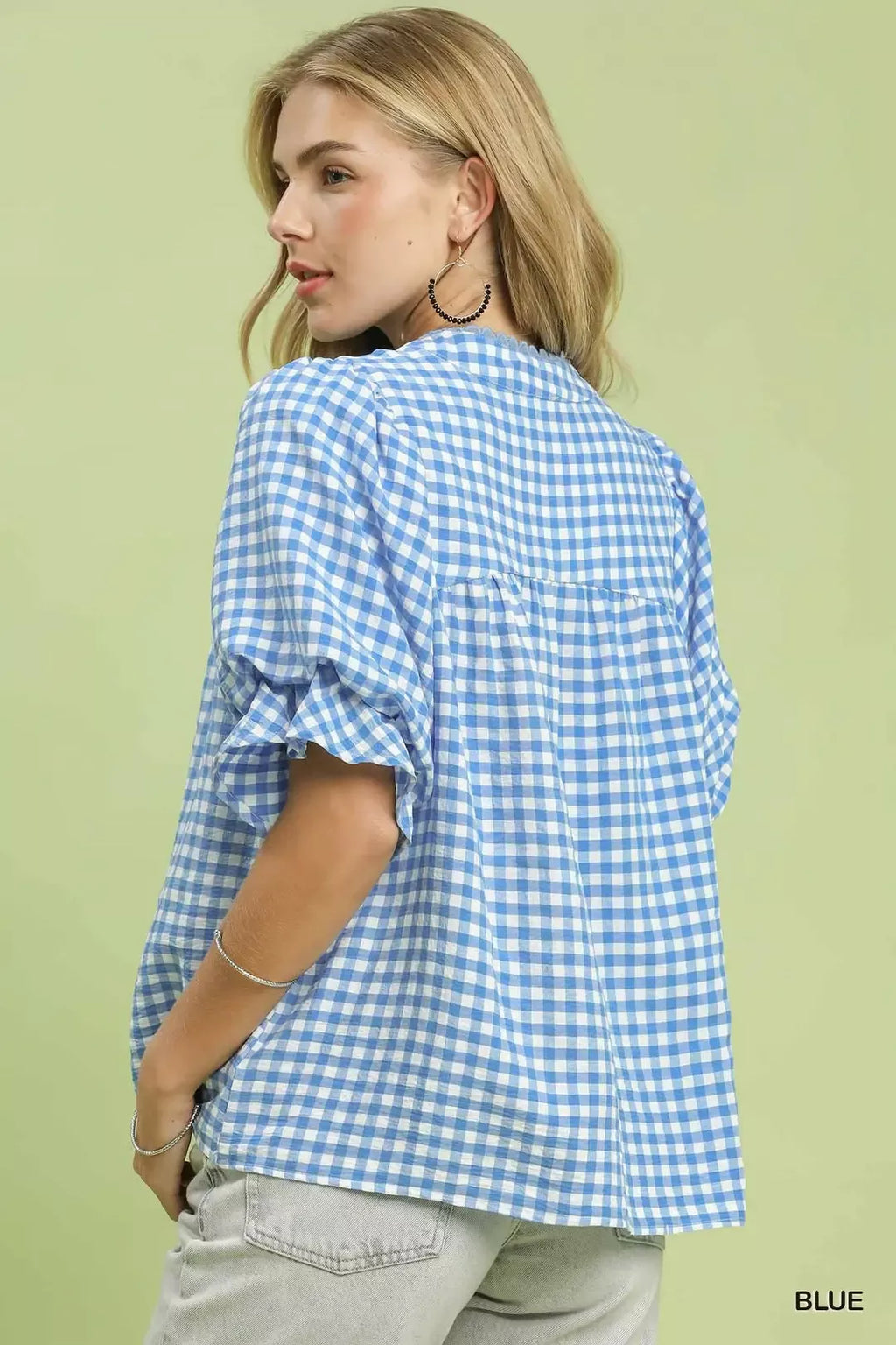 Umgee Gingham Check Blouse with Ruffle Sleeves in Blue - close up of ruffle sleeve and gingham print detail