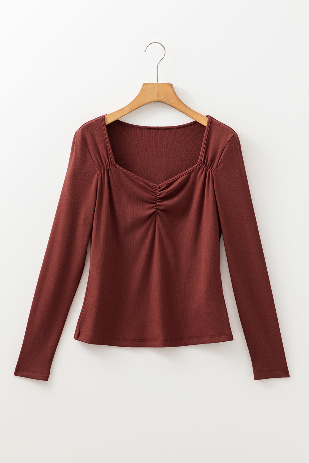 Burgundy ribbed long sleeve top fabric detail