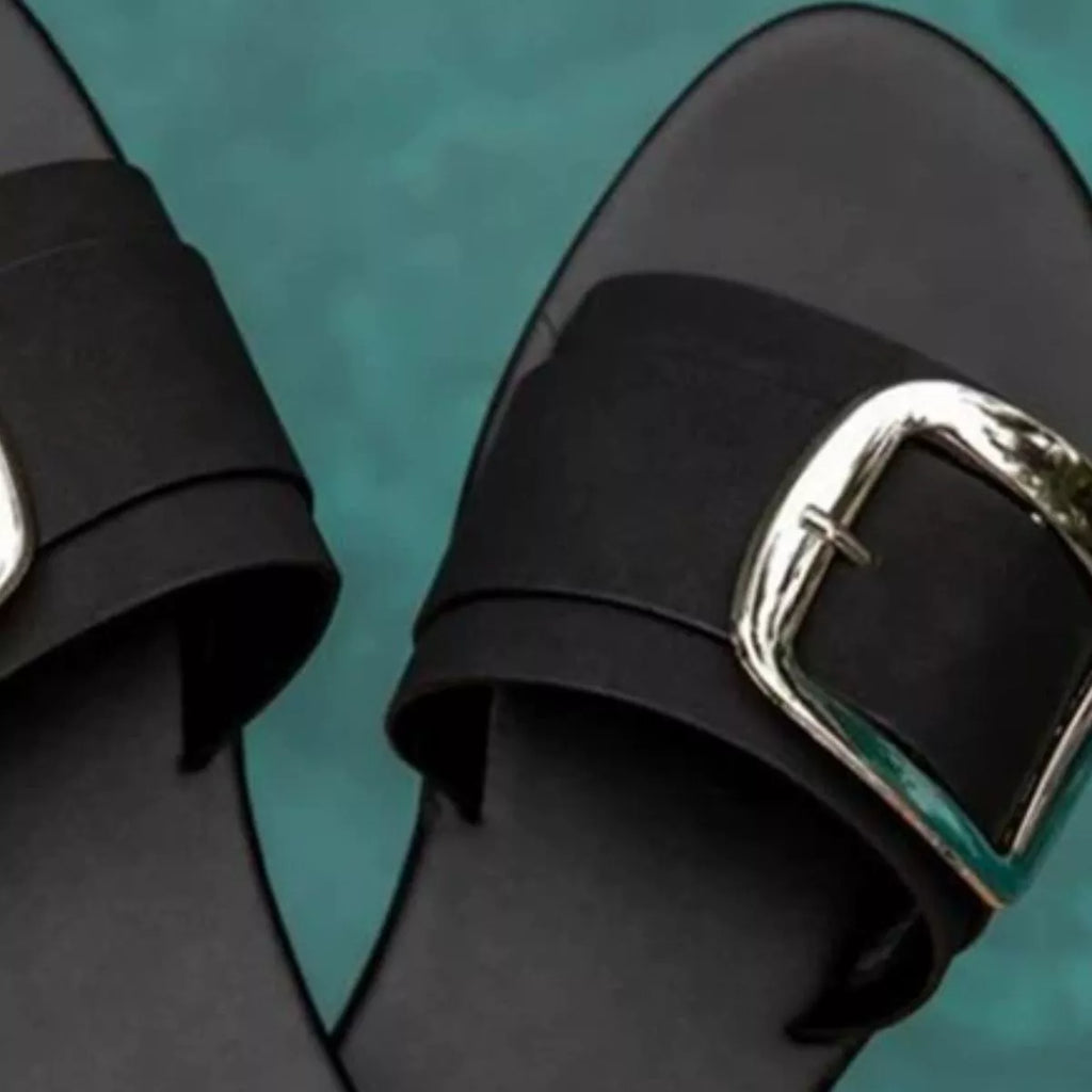 Open Toe Buckle Sandals in Black - side view showing flat sole