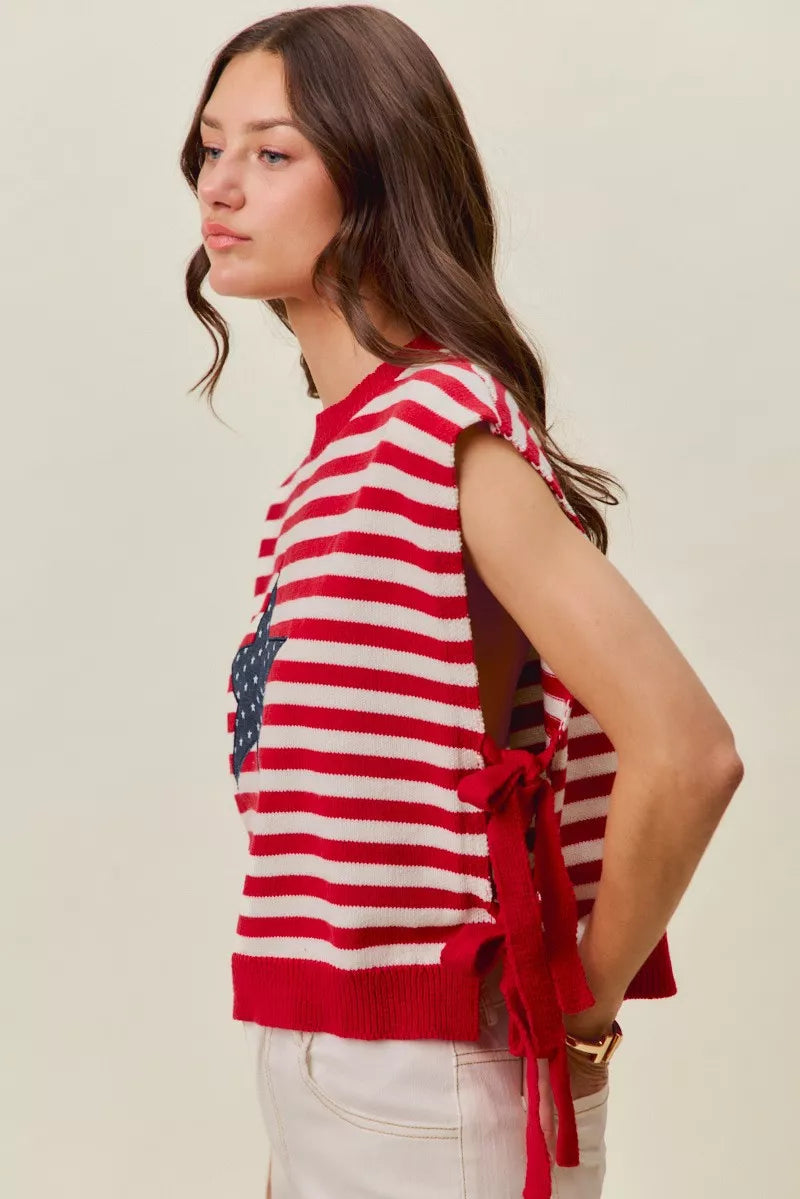 SO ME Stripe Star Patch 4th Of July Side Tie Vest Top - back view