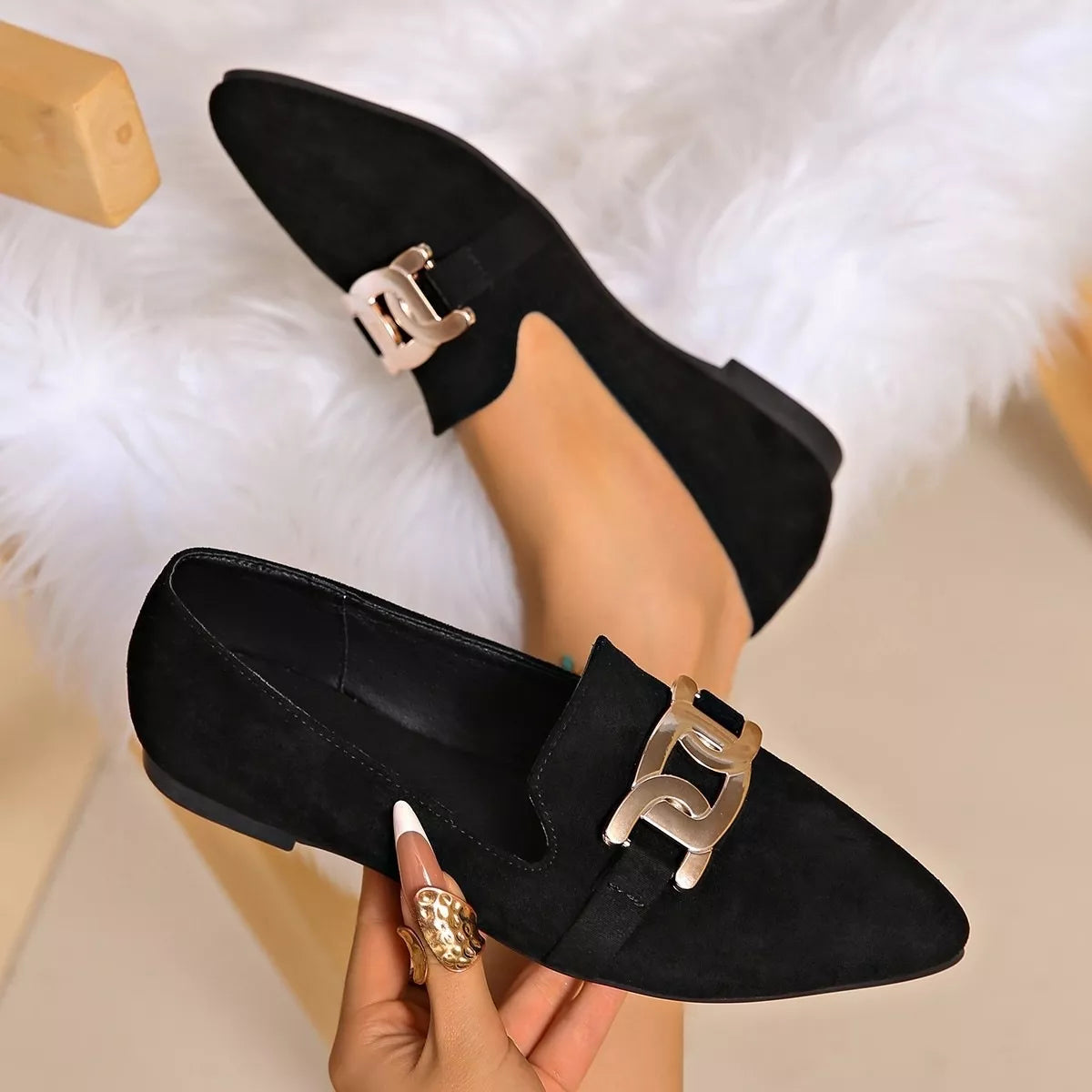 Pointed Toe Chain Detail Loafers in matcha green, black and pink, side view