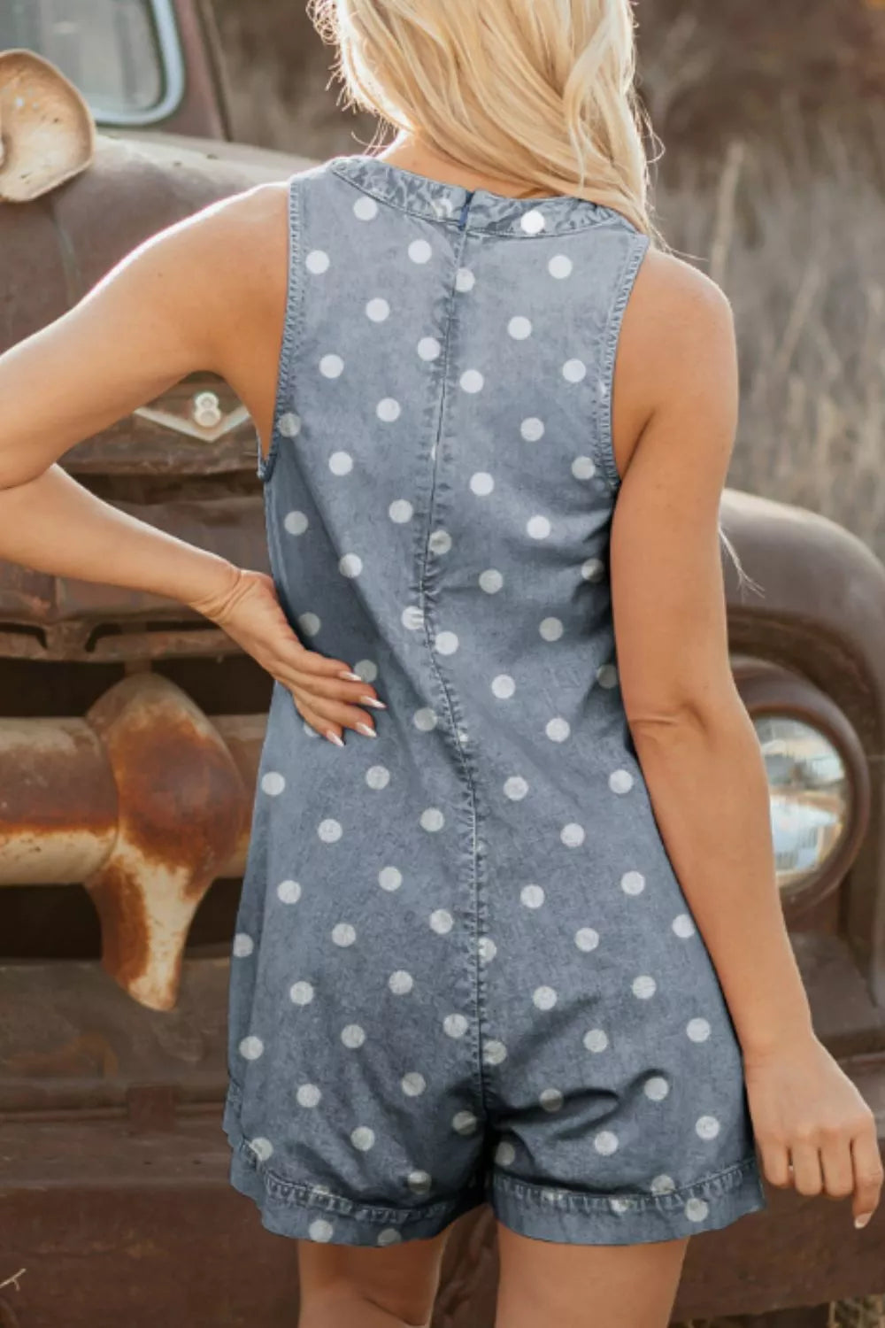 Vintage Polka Dot Denim Romper in Light Blue - close up of polka dot denim fabric