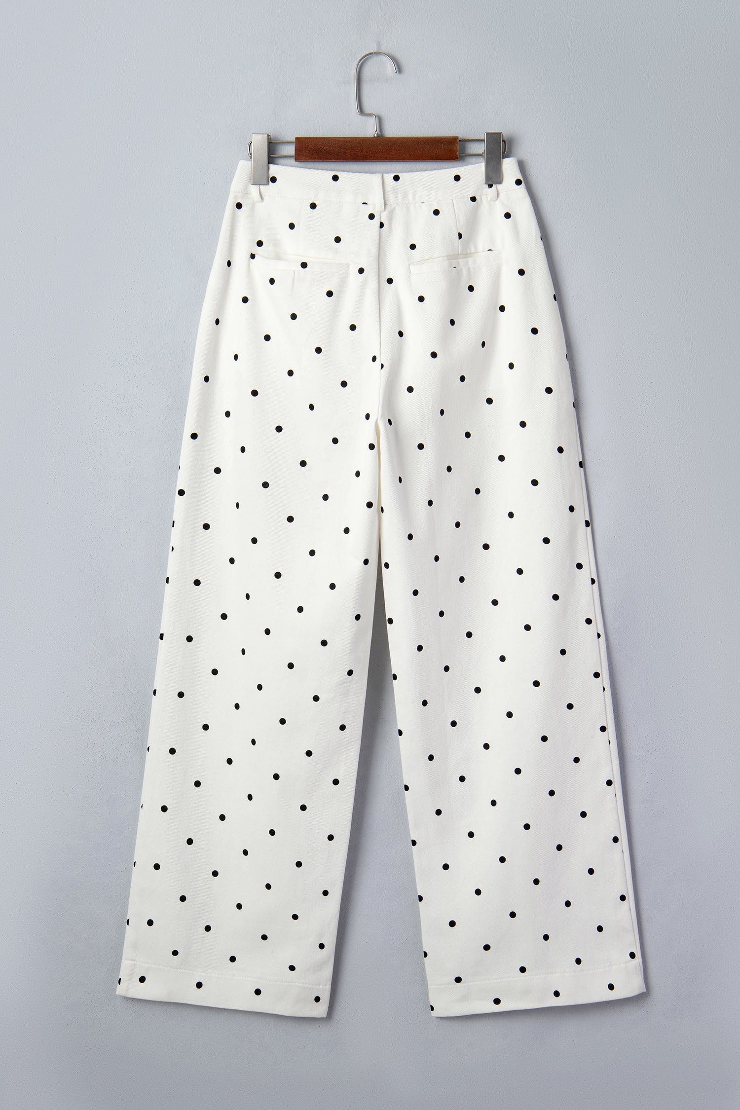 Polka Dot Denim Scalloped Patch Pocket Pants - close up of scalloped pocket and polka dot detail