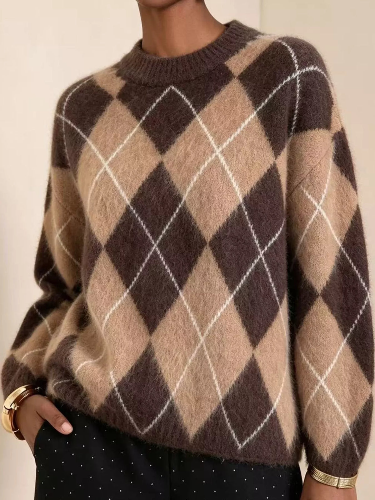 Argyle fuzzy knit sweater, women's relaxed fit - view 8
