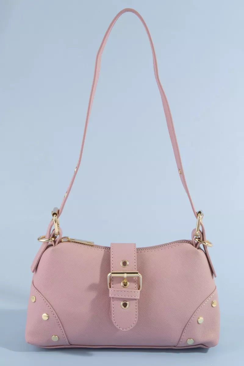 Fame Studded Saffiano Buckle Strap Shoulder Bag in Black - front view