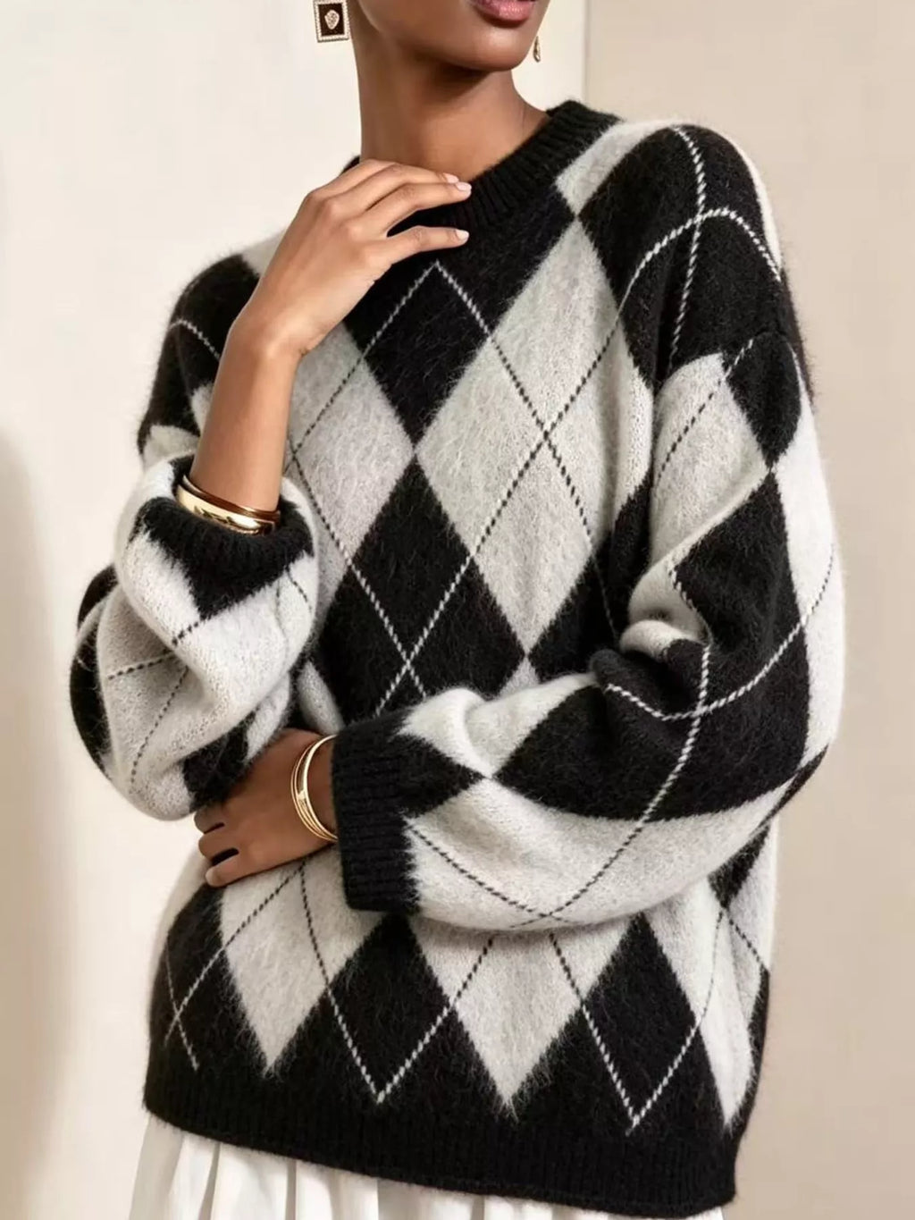Argyle fuzzy knit sweater, women's relaxed fit - view 18