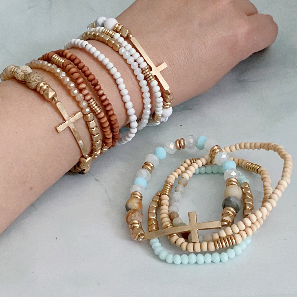 Set Of 4 Stone And Wooden Beads Bracelet in Brown Jasper - stacked stretch bracelets with heart accent