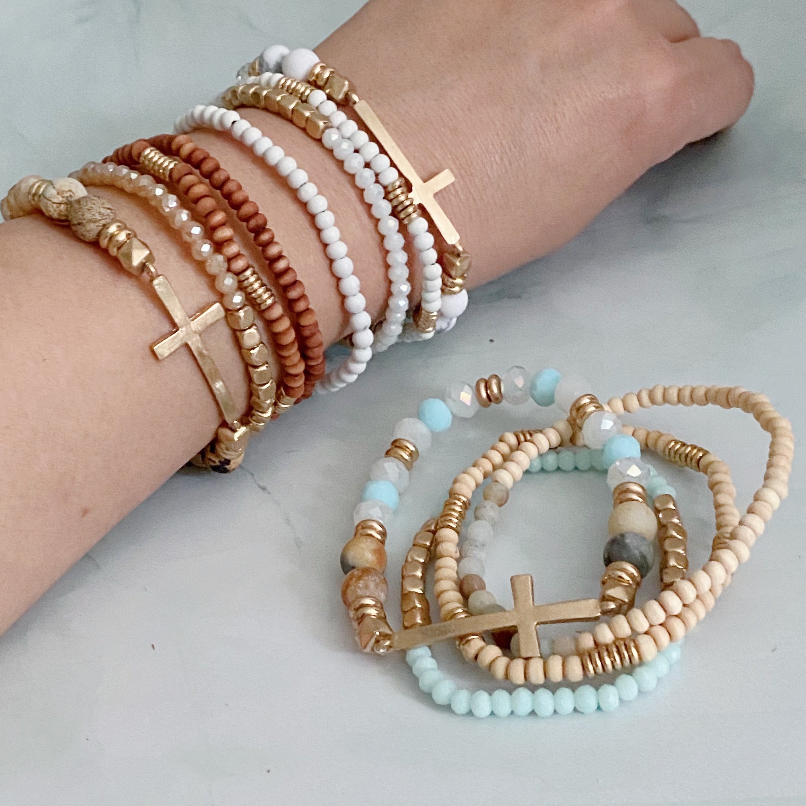 Set Of 4 Stone And Wooden Beads Bracelet in Brown Jasper - stacked stretch bracelets with heart accent