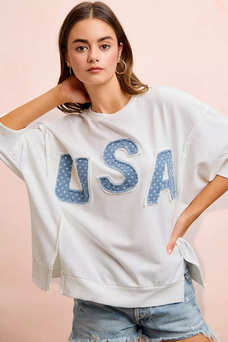 BiBi 4th Of July USA Letter Patchwork French Terry Top - full length view