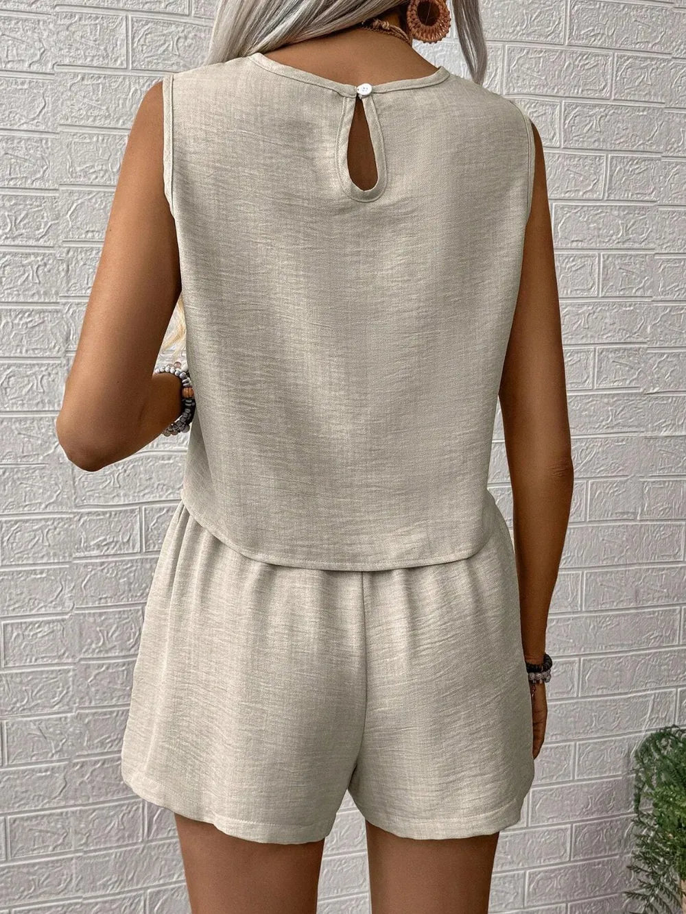 Round Neck Sleeveless Top and Shorts Set - buttoned two-piece set, view 2