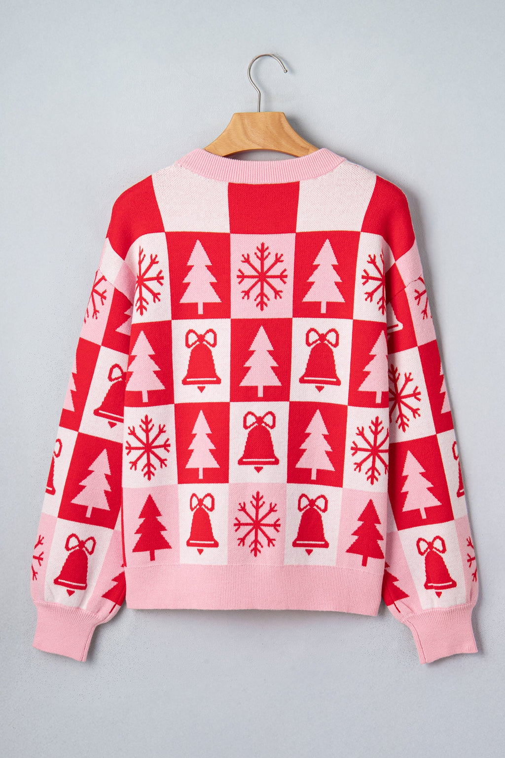 Christmas Checker Sweater in pink, styled view