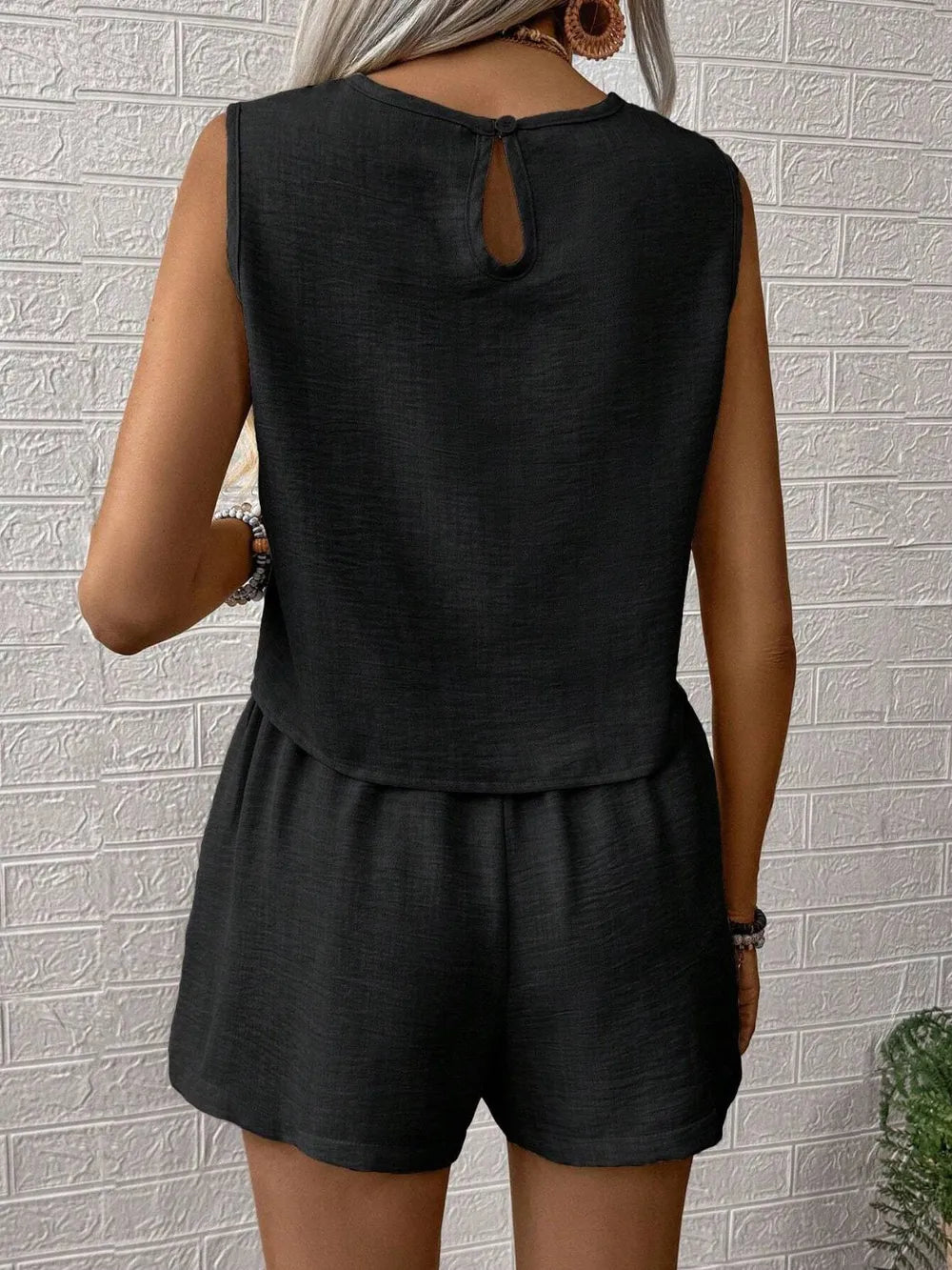 Round Neck Sleeveless Top and Shorts Set - buttoned two-piece set, view 8