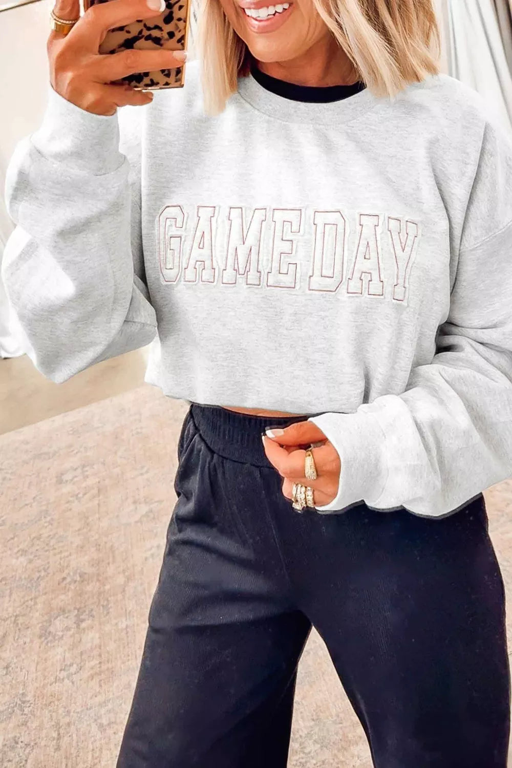 Game Day Letter Embroidery Sweatshirt - embroidered round neck sweatshirt, view 2