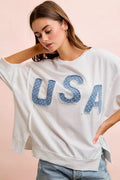 BiBi 4th Of July USA Letter Patchwork French Terry Top in Ivory - front view
