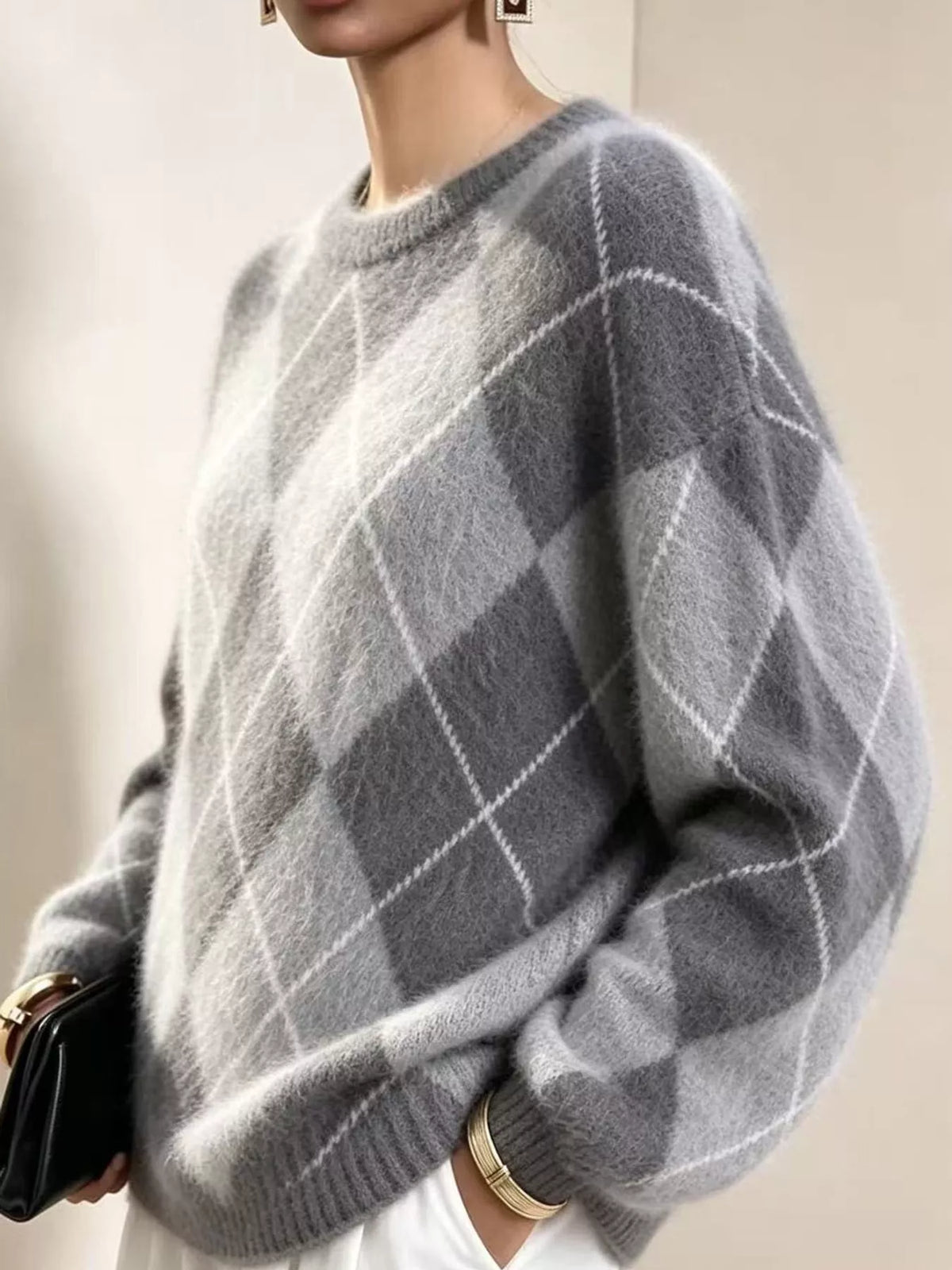 Argyle fuzzy knit sweater, women's relaxed fit - view 21
