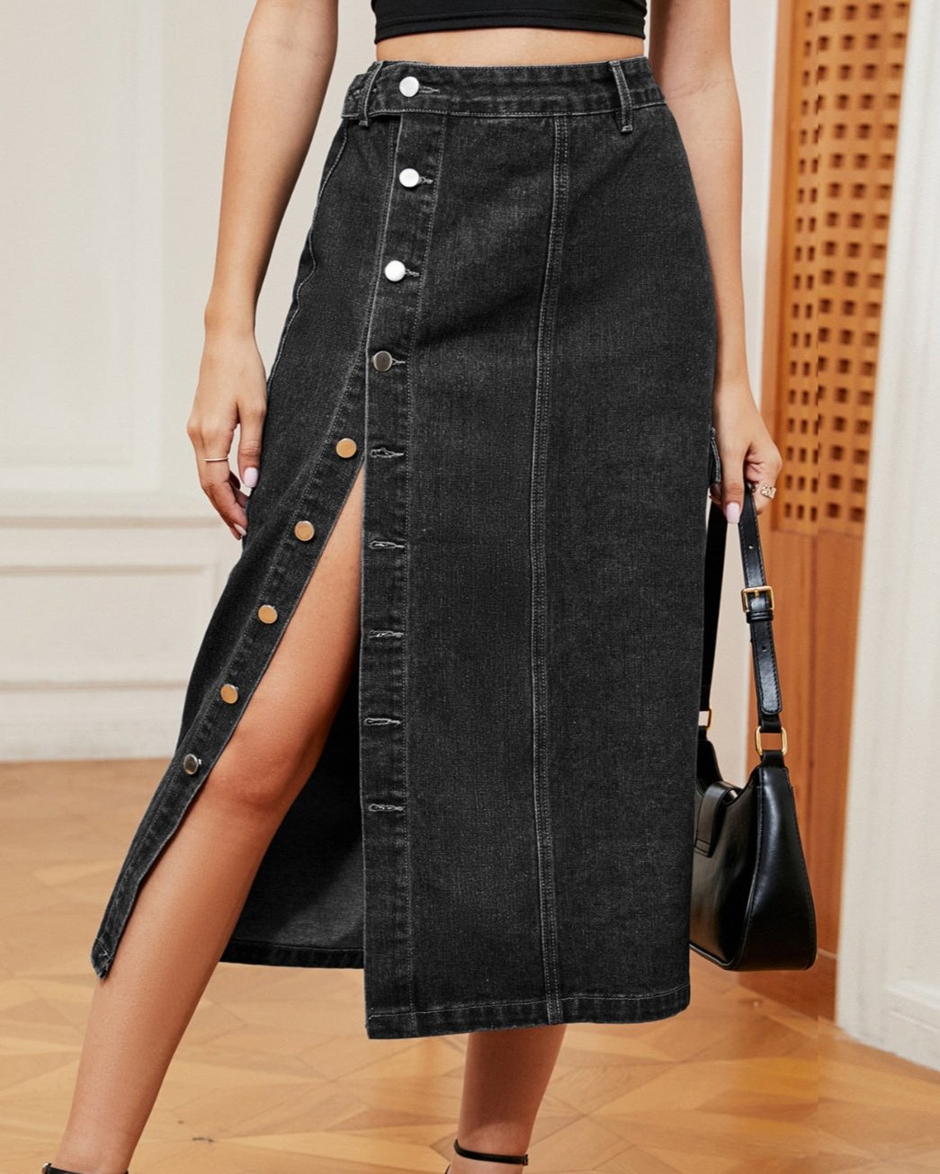 Button Down Midi Denim Skirt