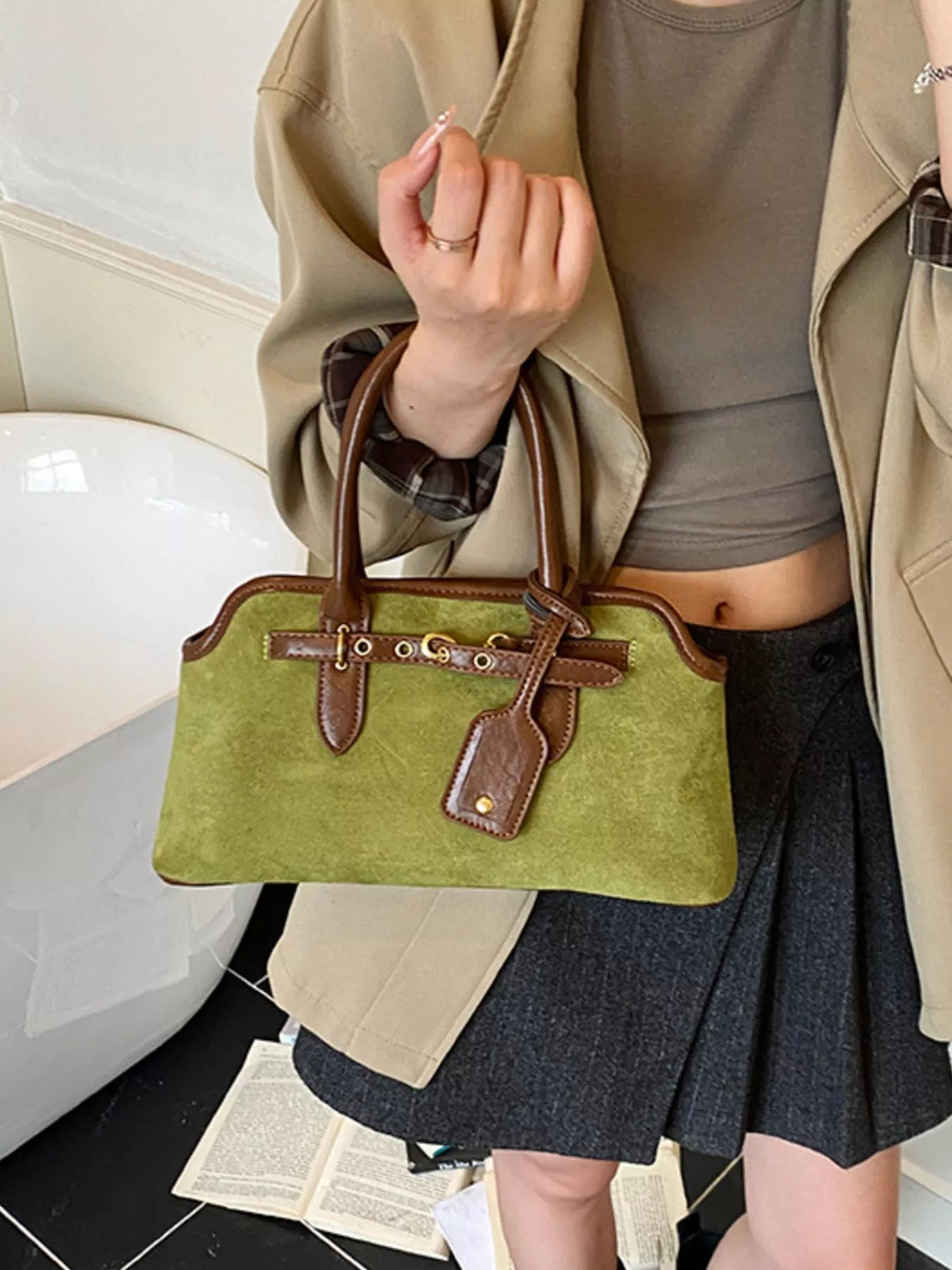Suede Buckle Detail Handbag in black, coffee brown, green and yellow, lifestyle view
