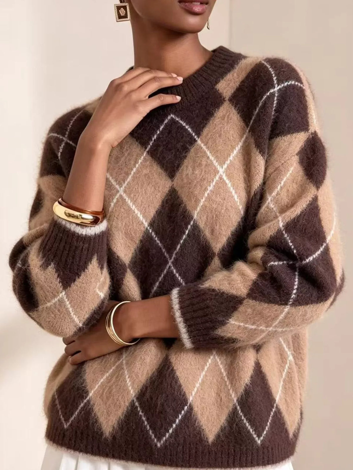 Argyle fuzzy knit sweater, women's relaxed fit - view 6