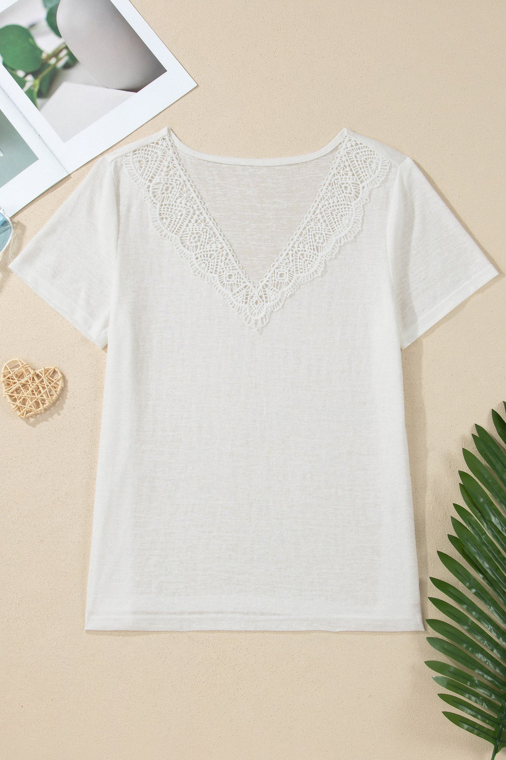 Solid Hollowed Lace Trim V-Neck T-Shirt in White - back view