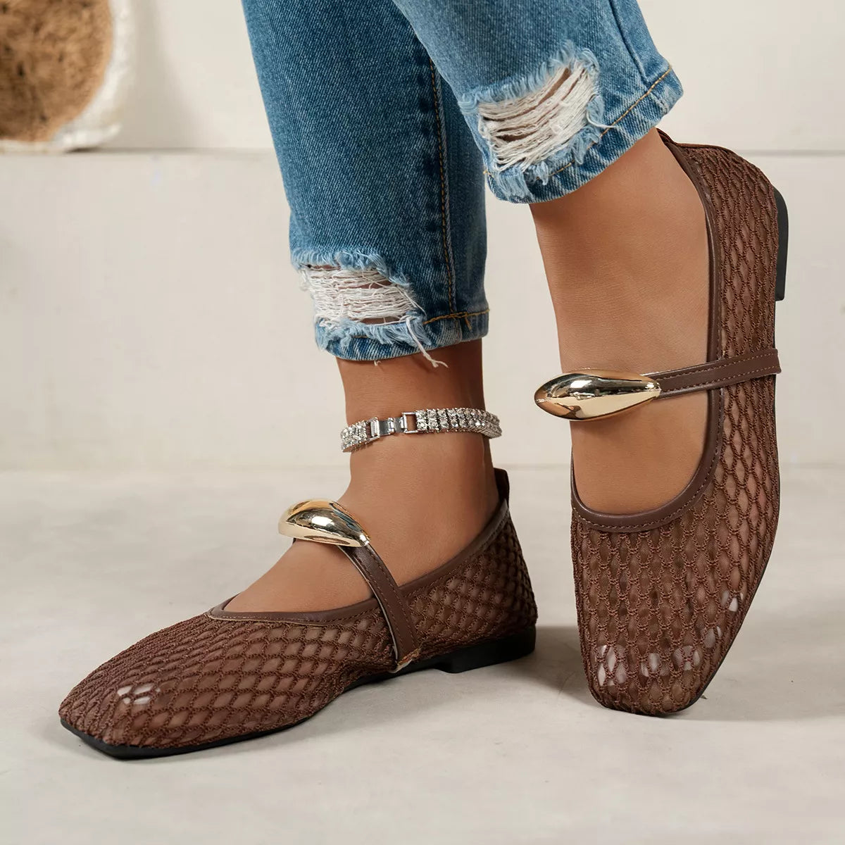 Square Toe Slip-Ons - mesh square toe low heel shoes, view 5