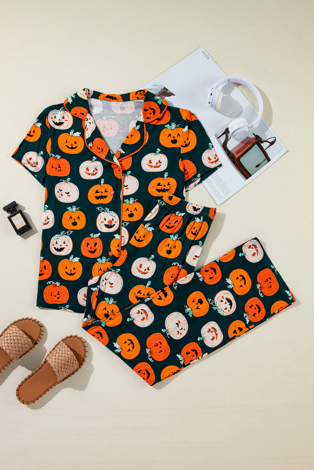 Halloween Pumpkin Shirt and Pants Pajama Set in Orange, detail view