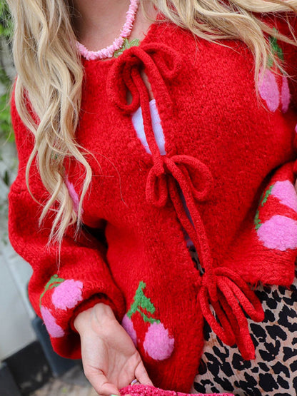 Tied Cherry Round Neck Long Sleeve Cardigan