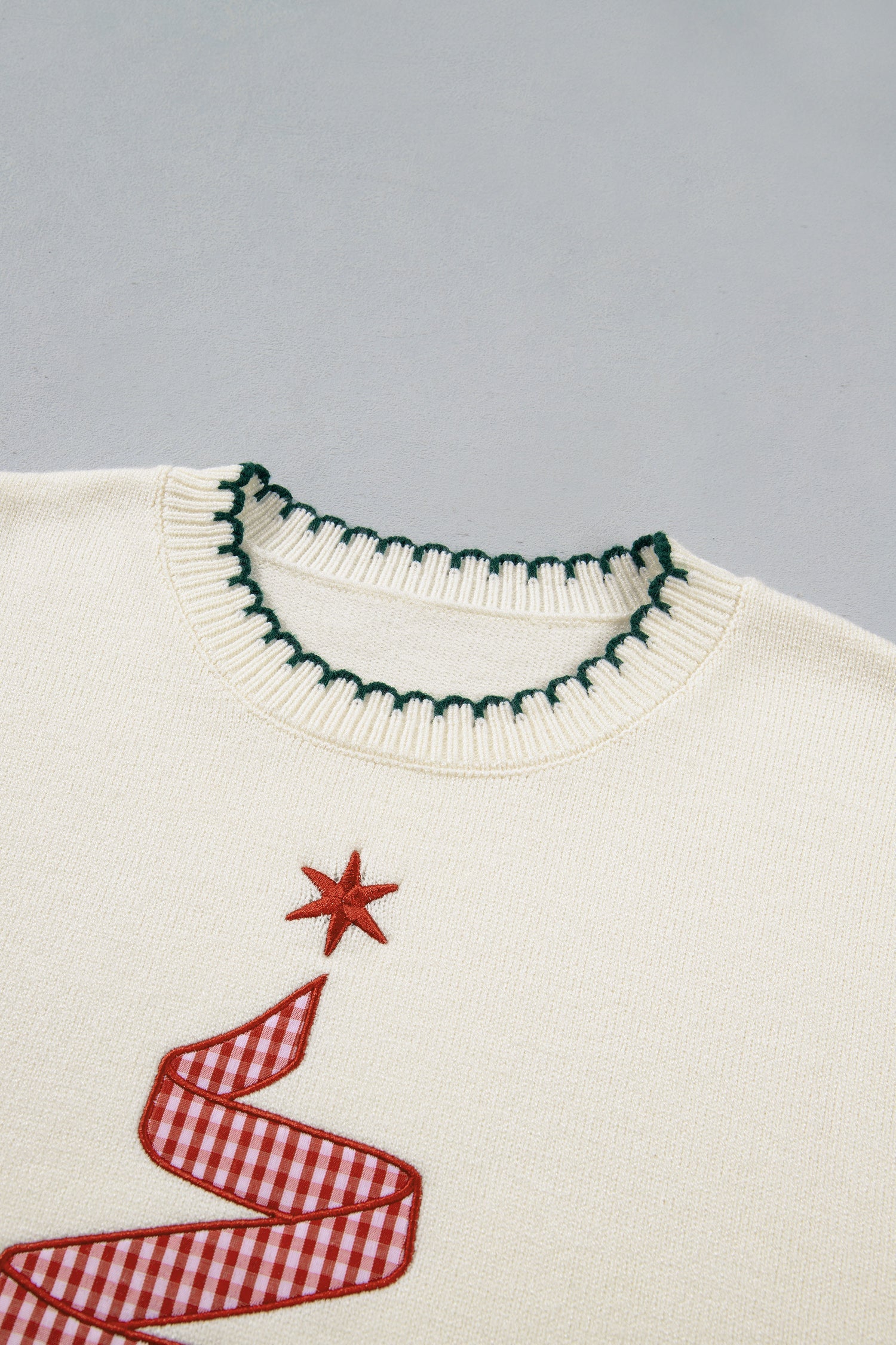 Gingham Christmas Tree Contrast Stitching Sweater, back view