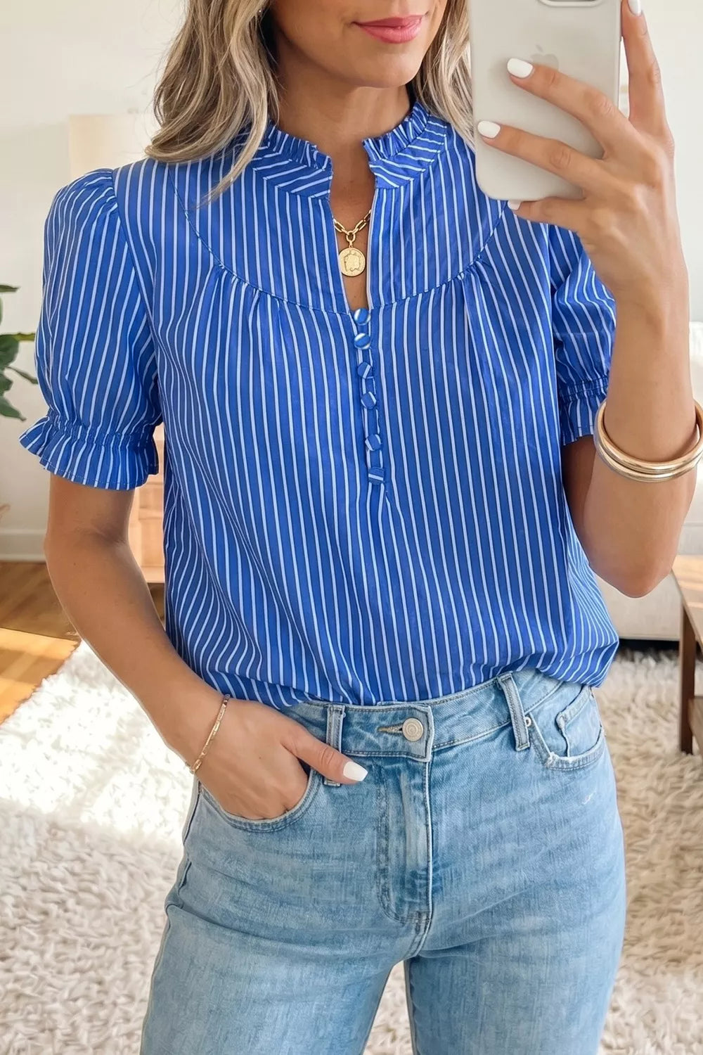 Stripe Ruffled Short Puff Sleeve Button Front Blouse in Royal Blue - back view