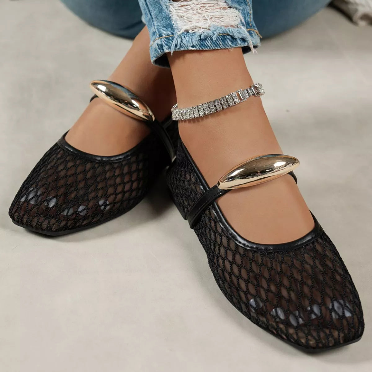 Square Toe Slip-Ons - mesh square toe low heel shoes, view 2