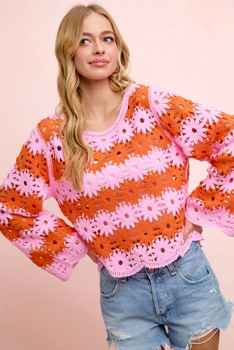 BiBi Flower Crochet Knit Top in Pink/Red, floral crochet detailing