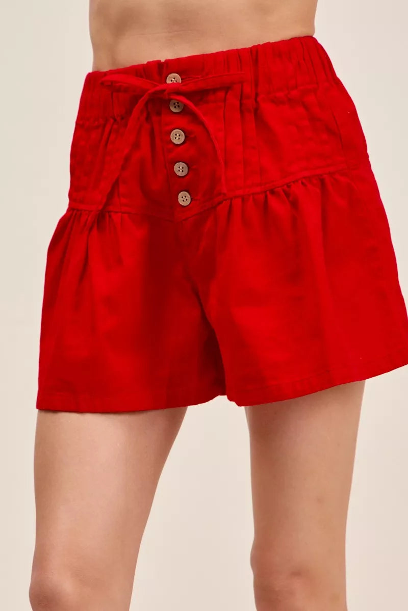 SO ME Denim Pintucked Buttoned Shorts With Waist Tie - high-waist denim shorts, view 1