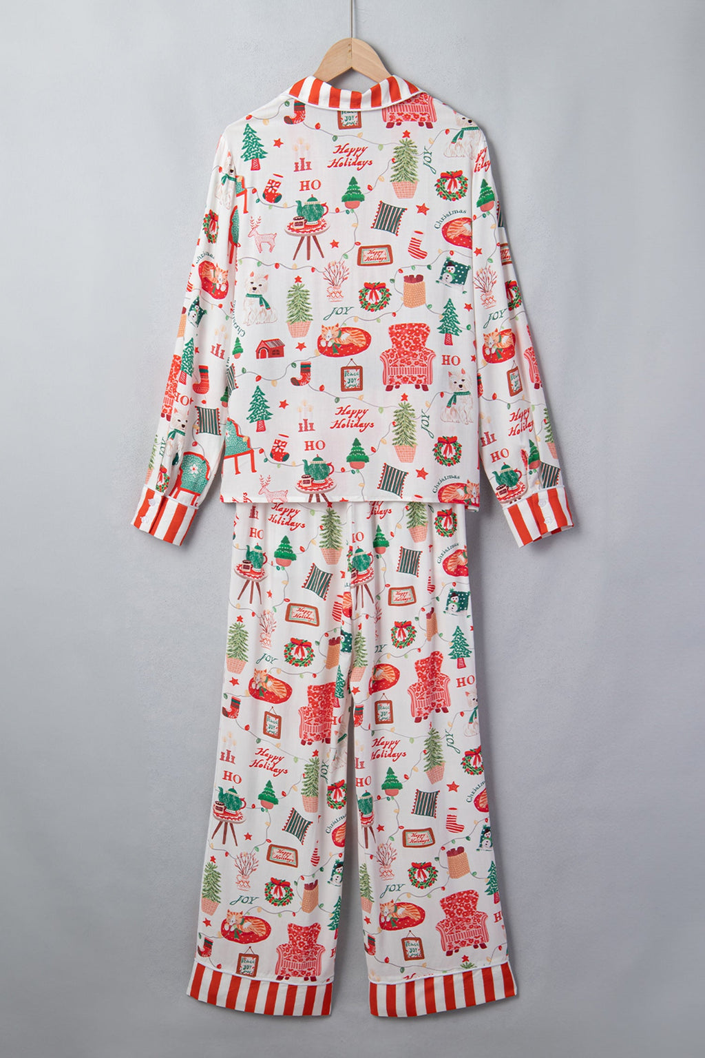 Christmas Stripe Trim Pajama Set in white, styled view
