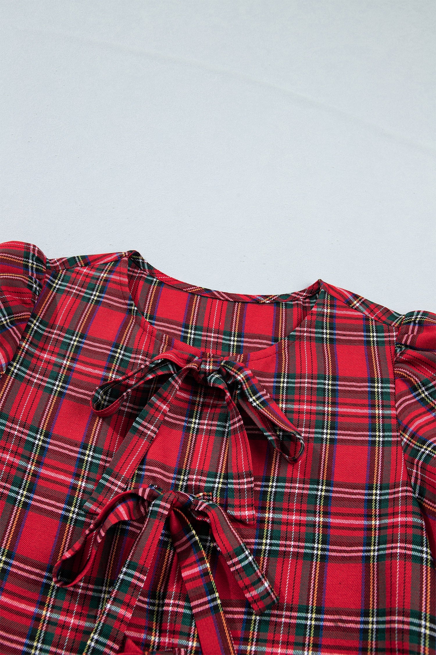 Plaid Bow Tie Neck Short Sleeve Ruffle Mini Dress in Red, back view