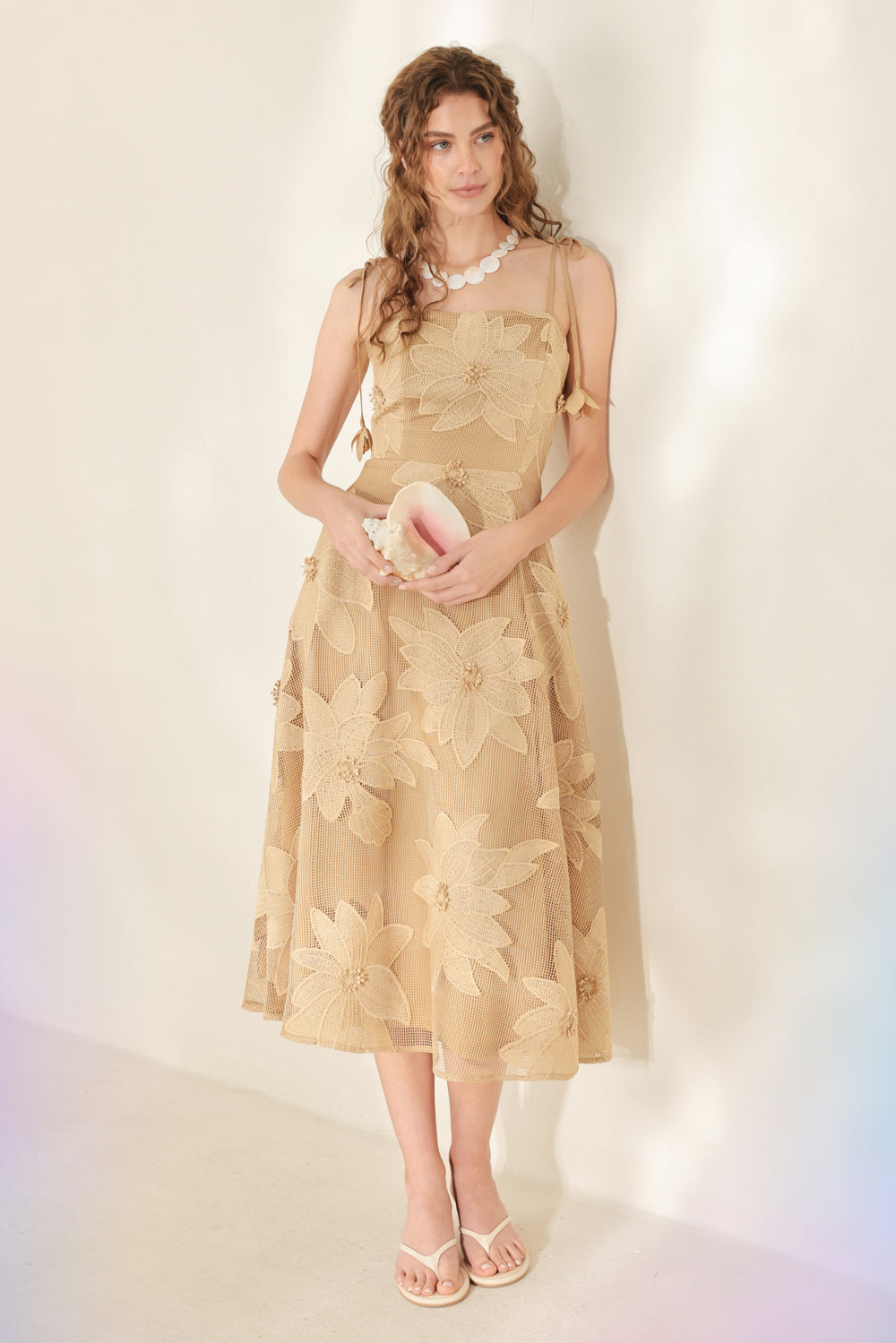Floral Lace Applique Midi Dress in tan, front view