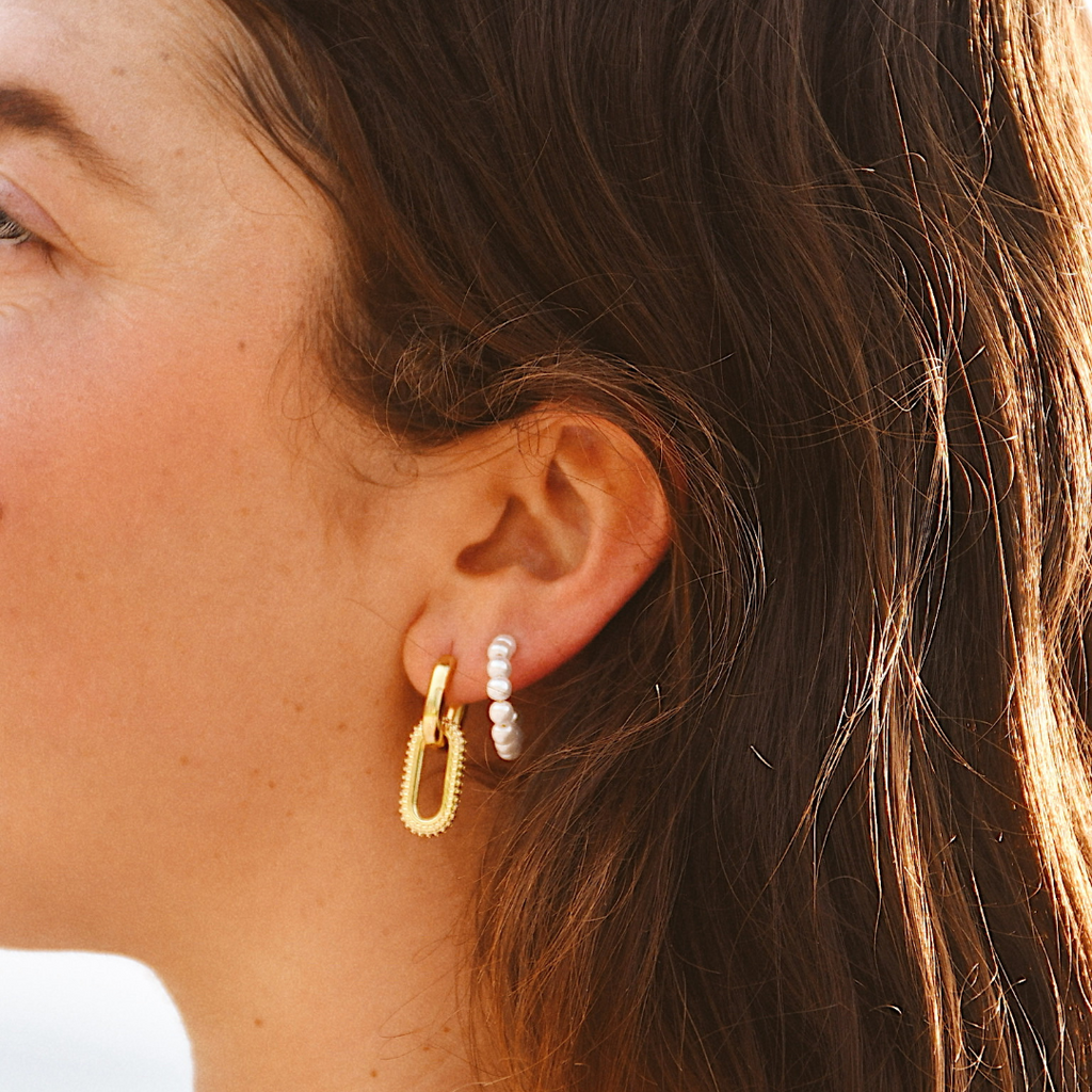 Convertible Gold Hoops - close up of removable oval charm detail