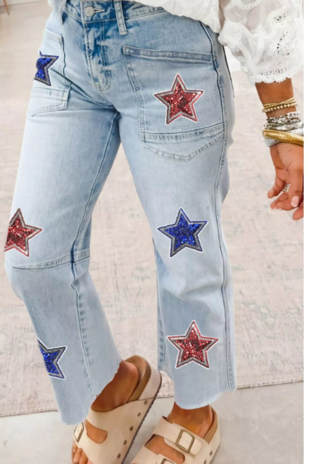 Star-Embellished Cropped Jeans in Light Blue - back view