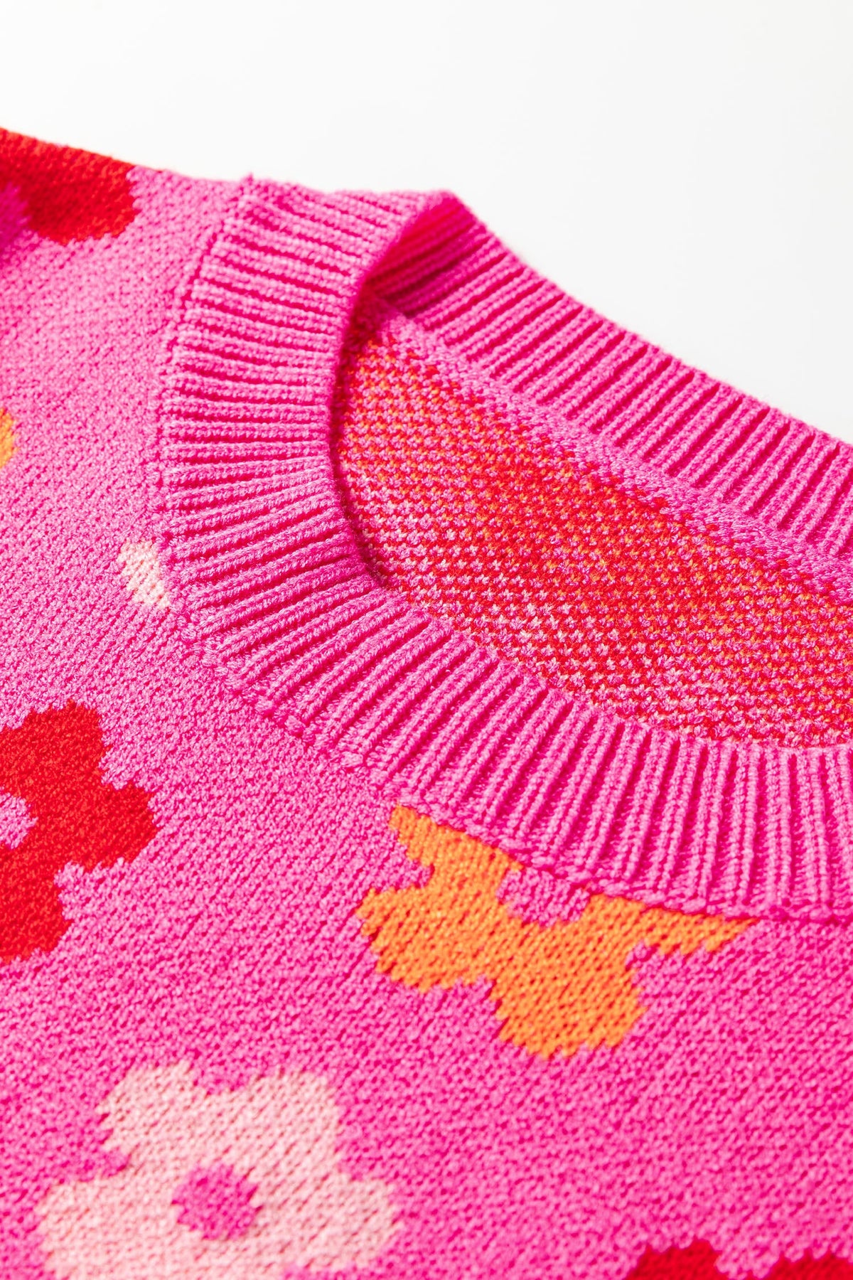 Flower Ribbed Trim Drop Shoulder Sweater in rose, close-up
