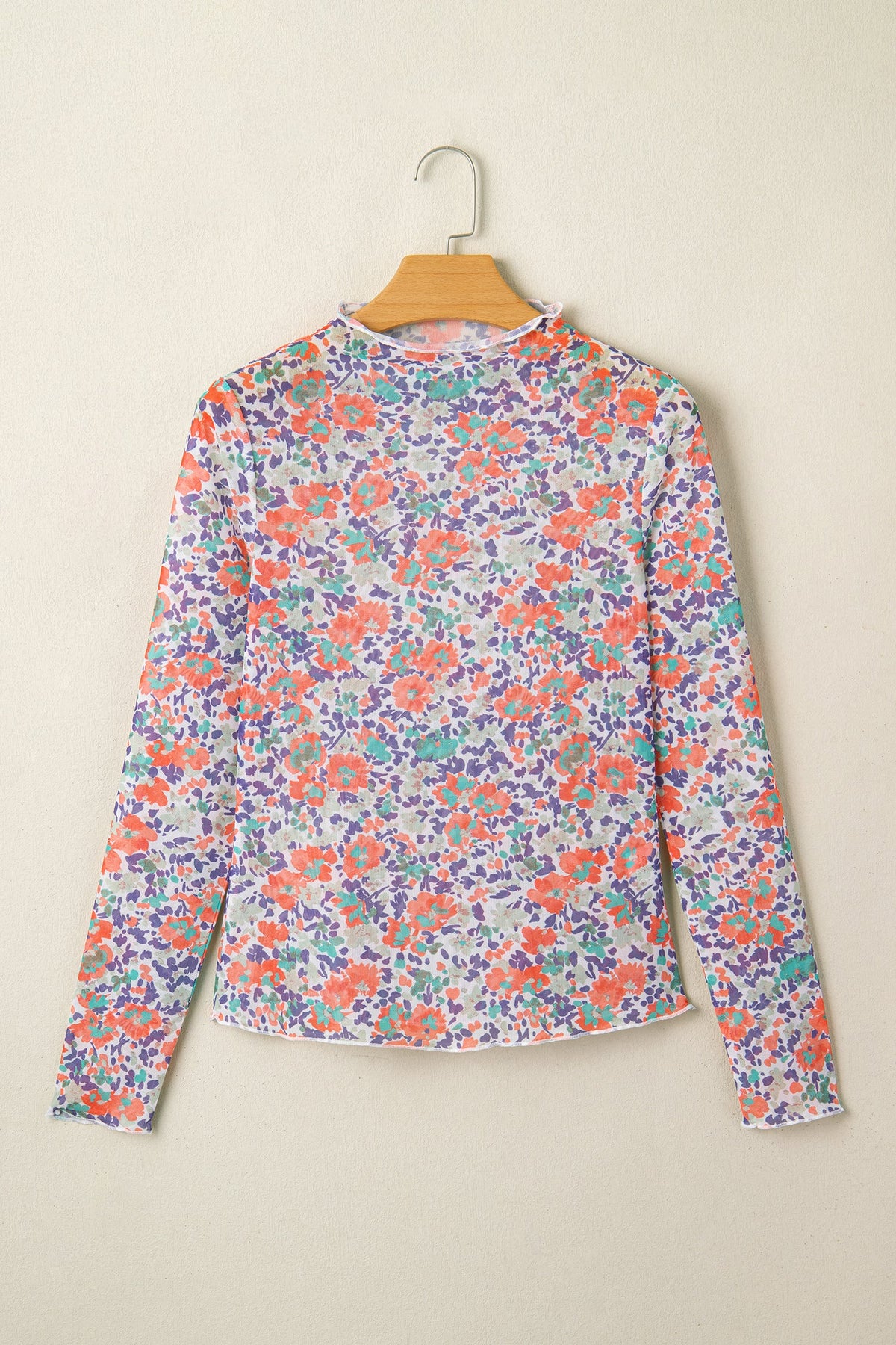 Floral Mesh Mock Neck Top in blue, detail