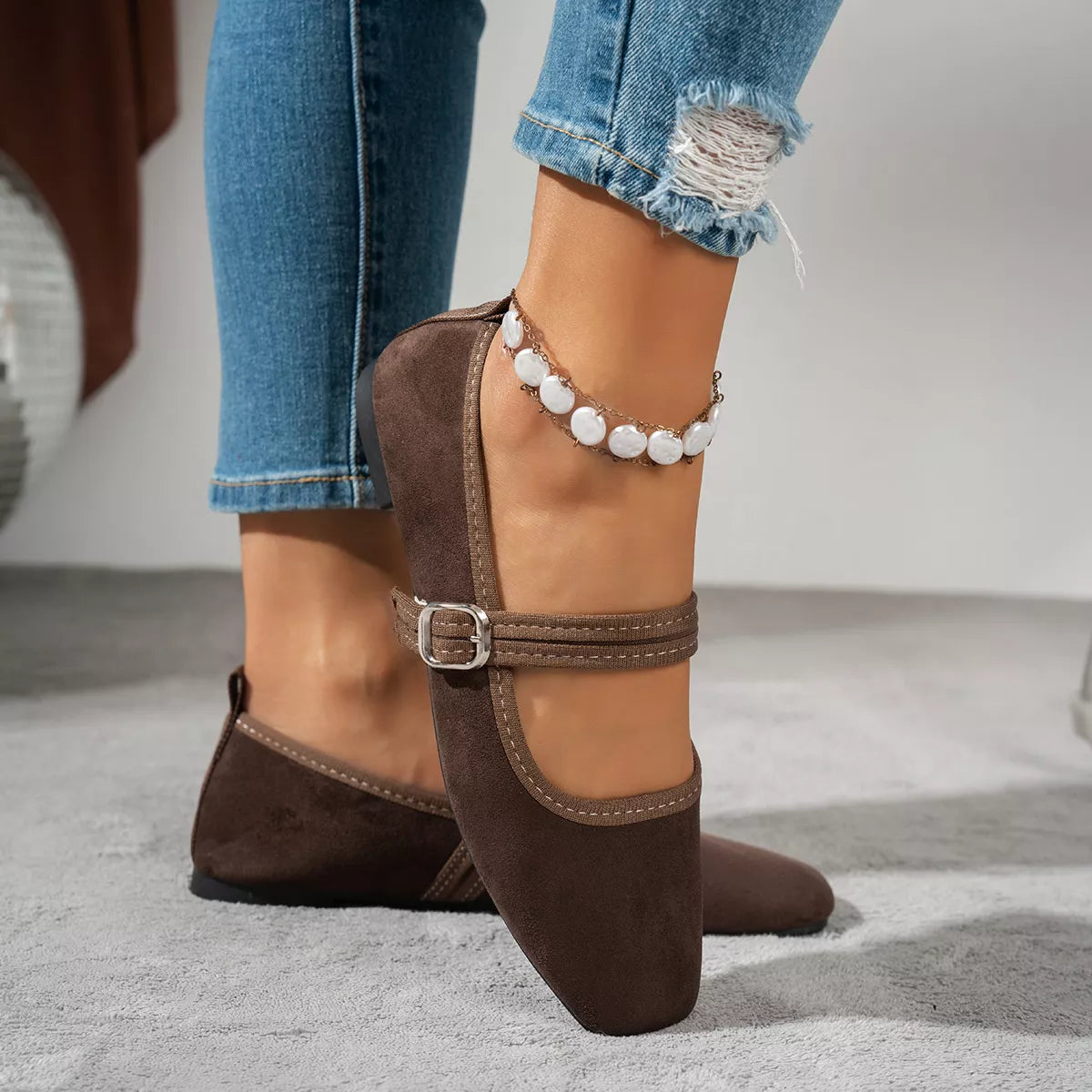 Square toe flat slip-on shoes, detail view