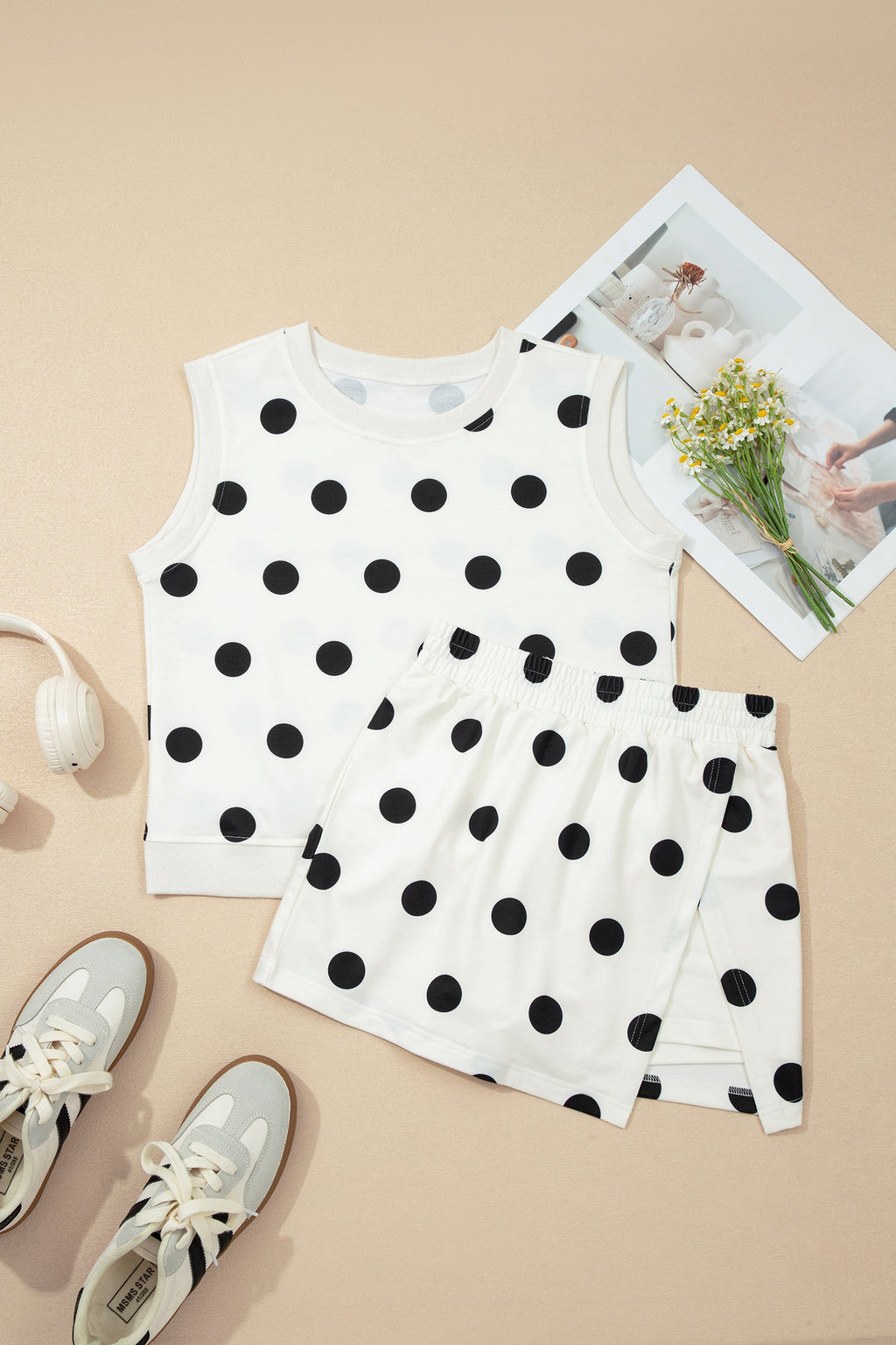 Polka Dot Ribbed Trim Tank and Mini Skort Set in White with polka dot print, ribbed trim tank top, and split mini skort shown on model