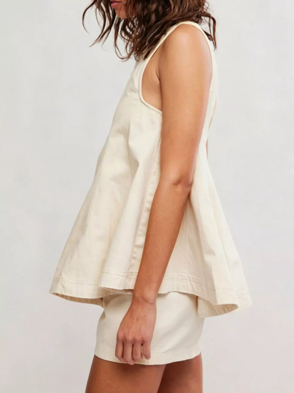 Sleeveless Top and Shorts Denim Set in Milky White, styled view