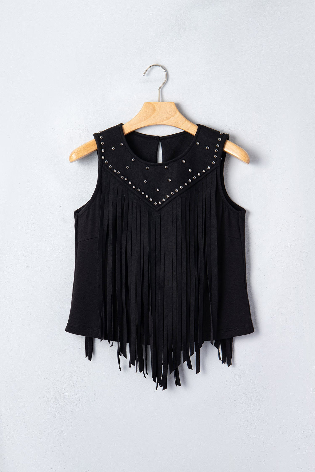 Western Fringe Rivet Panel Sleeveless Top in Black - back view