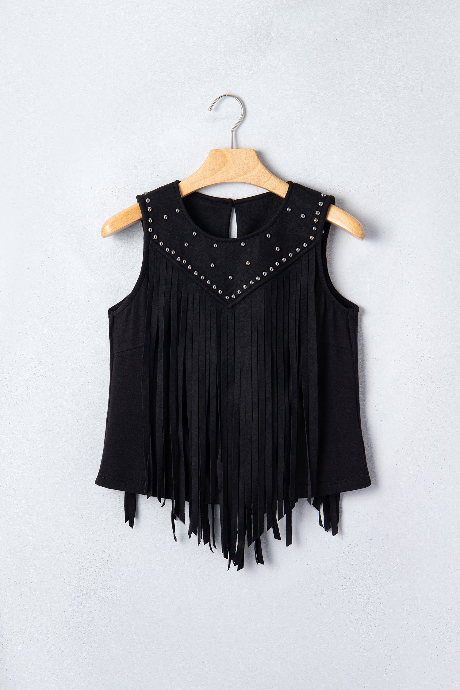Western Fringe Rivet Panel Sleeveless Top in Black - back view