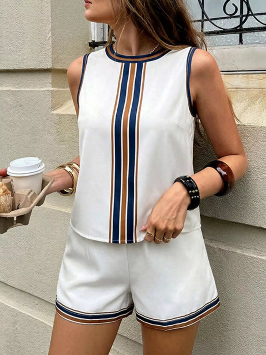 Striped Sleeveless Top and Shorts Set, available in White and Black — pocketed two-piece polyester outfit